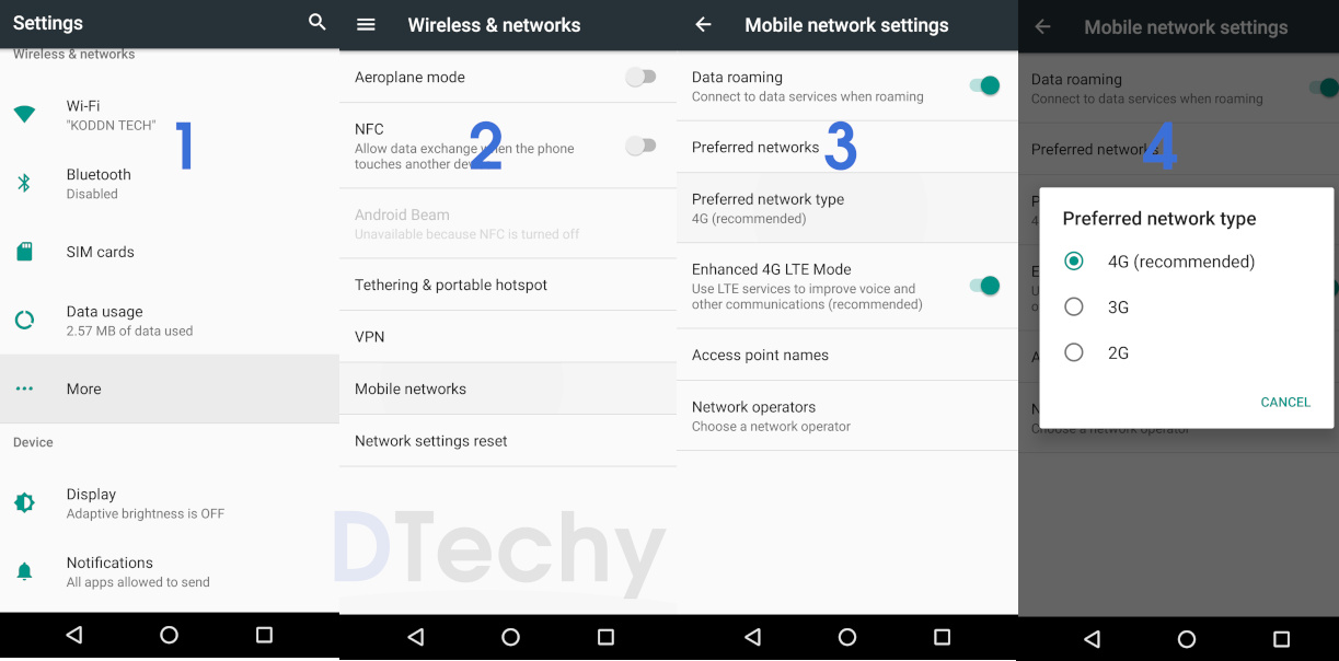 change 2G 3G 4G lte network in andorid settings