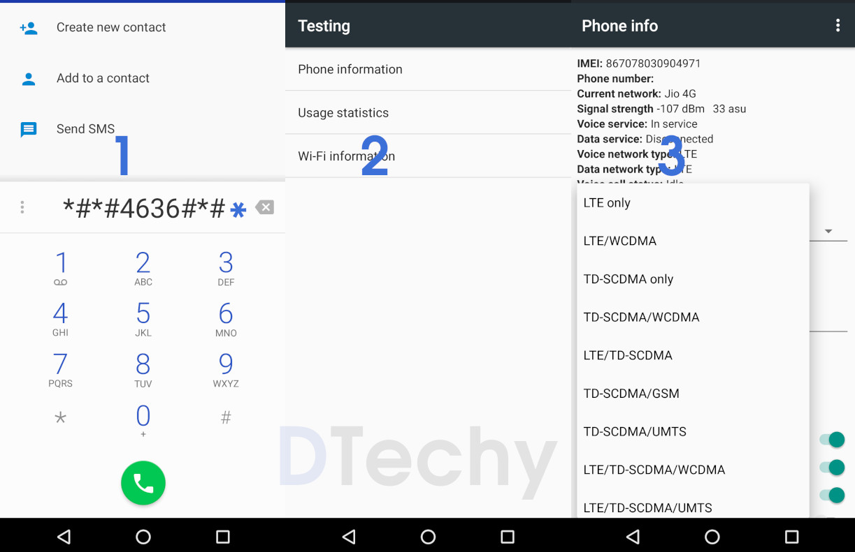 convert switch between 2G 3G 4G lte network in mobile ussd